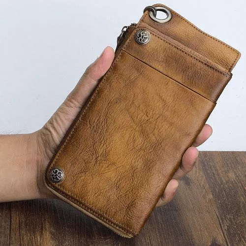 Mens Keyring Wallet Cool Biker Chain Wallet Keyring Wallet Gray Leather Wristlet Clutch Wallet