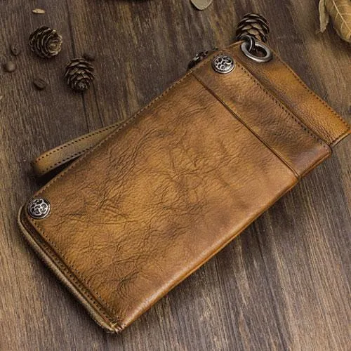 Mens Keyring Wallet Cool Biker Chain Wallet Keyring Wallet Gray Leather Wristlet Clutch Wallet