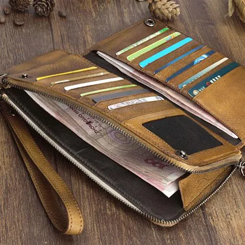 Mens Keyring Wallet Cool Biker Chain Wallet Keyring Wallet Gray Leather Wristlet Clutch Wallet