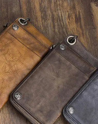 Mens Keyring Wallet Cool Biker Chain Wallet Keyring Wallet Gray Leather Wristlet Clutch Wallet