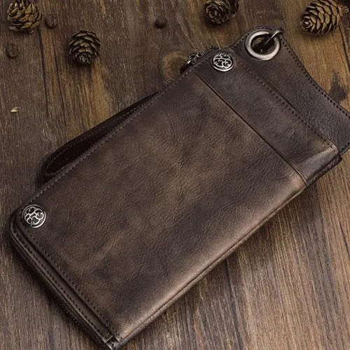 Mens Keyring Wallet Cool Biker Chain Wallet Keyring Wallet Gray Leather Wristlet Clutch Wallet
