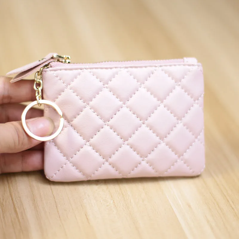Mini Women Pink Leather Zip Coin Wallet with Keychains Keys Wallet Small Zip Change Wallet For Women
