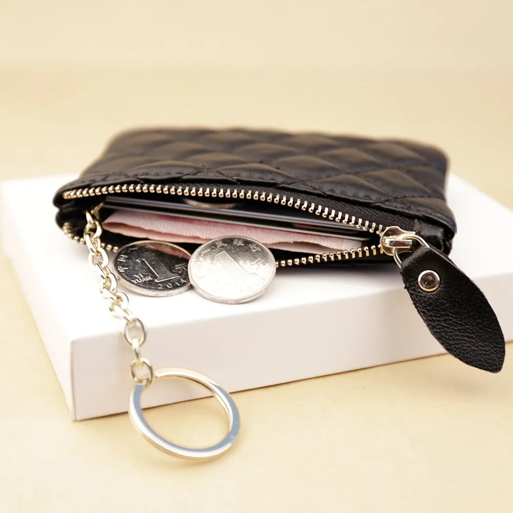 Mini Women Pink Leather Zip Coin Wallet with Keychains Keys Wallet Small Zip Change Wallet For Women