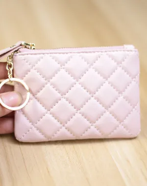 Mini Women Pink Leather Zip Coin Wallet with Keychains Keys Wallet Small Zip Change Wallet For Women