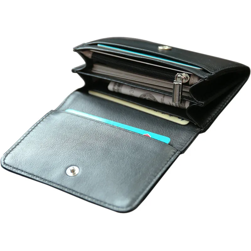 Minimalist Womens Black Leather Billfold Wallet Small Wallet with Coin Pocket Slim Wallet for Ladies