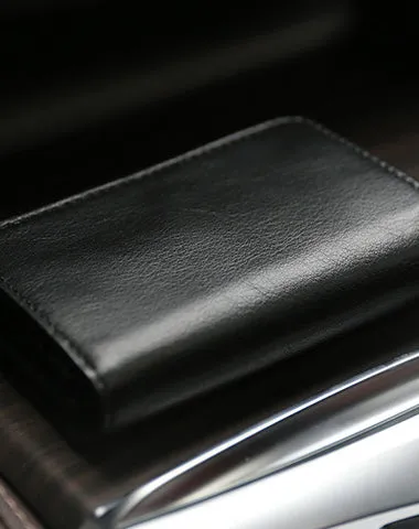 Minimalist Womens Black Leather Billfold Wallet Small Wallet with Coin Pocket Slim Wallet for Ladies