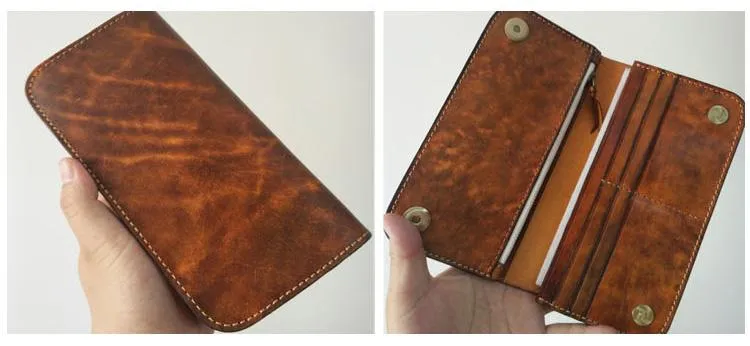 [On Sale] Handmade Mens Long Biker Wallet with Chain Cool Zipper Leather Biker Chain Wallet