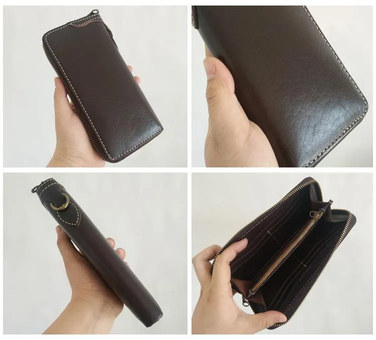 [On Sale] Handmade Mens Long Biker Wallet with Chain Cool Zipper Leather Biker Chain Wallet