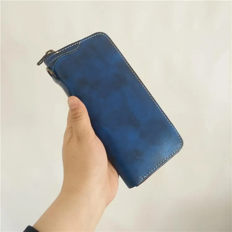 [On Sale] Handmade Mens Long Biker Wallet with Chain Cool Zipper Leather Biker Chain Wallet