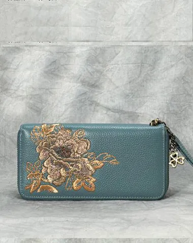 Peony Embroidery Pink Leather Peony Wristlet Wallet Womens Zip Around Wallets Flowers Peony Ladies Zipper Clutch Wallet for Women