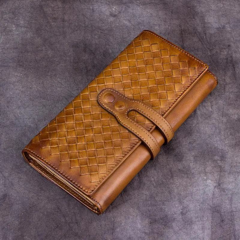 Purple Vintage Womens Braided Leather Trifold Long Wallet Phone Clutch Purse for Ladies