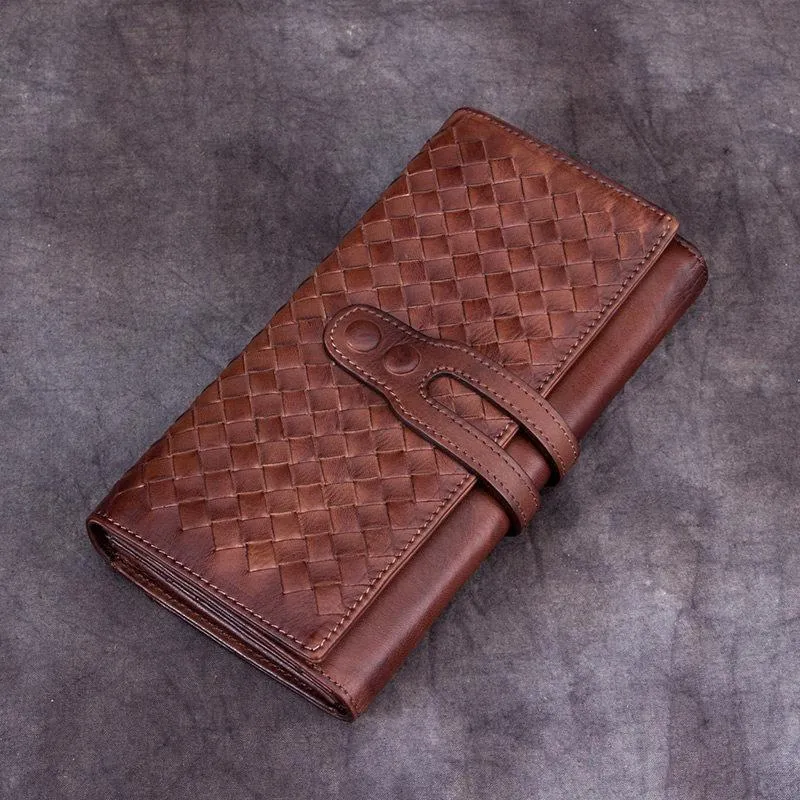 Purple Vintage Womens Braided Leather Trifold Long Wallet Phone Clutch Purse for Ladies