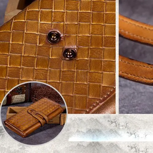 Purple Vintage Womens Braided Leather Trifold Long Wallet Phone Clutch Purse for Ladies