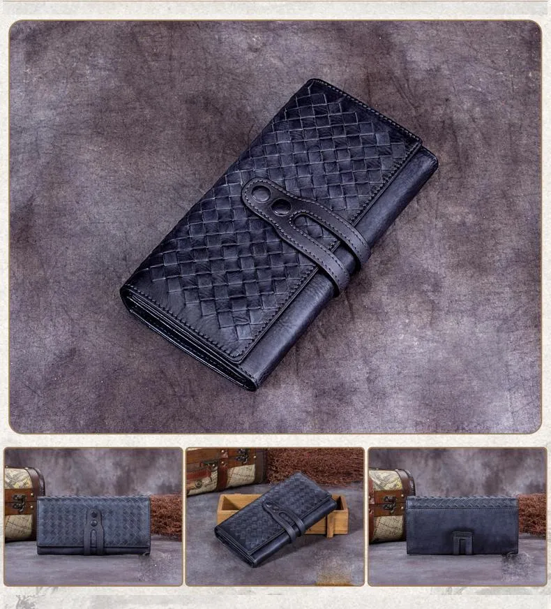 Purple Vintage Womens Braided Leather Trifold Long Wallet Phone Clutch Purse for Ladies