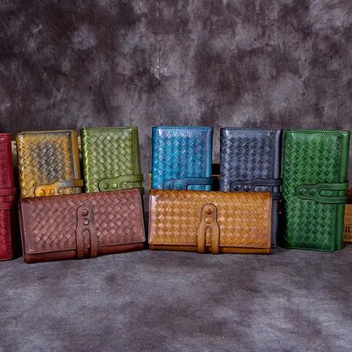 Purple Vintage Womens Braided Leather Trifold Long Wallet Phone Clutch Purse for Ladies