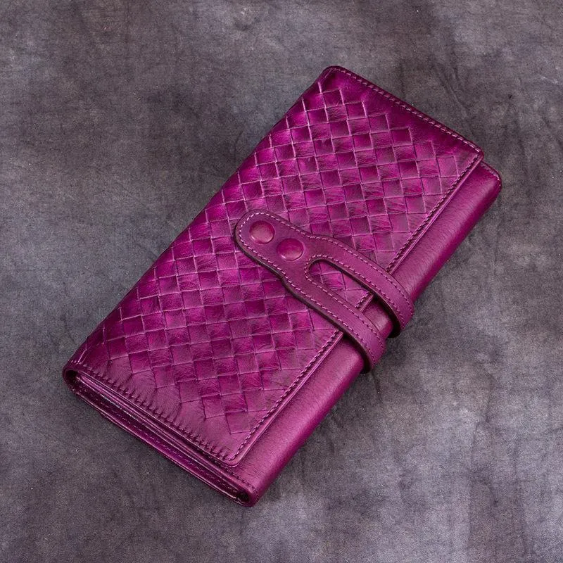 Purple Vintage Womens Braided Leather Trifold Long Wallet Phone Clutch Purse for Ladies
