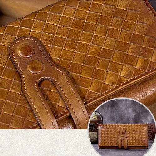 Purple Vintage Womens Braided Leather Trifold Long Wallet Phone Clutch Purse for Ladies