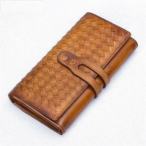 Purple Vintage Womens Braided Leather Trifold Long Wallet Phone Clutch Purse for Ladies