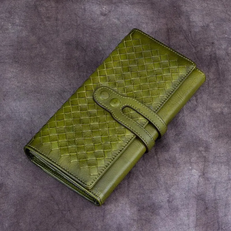 Purple Vintage Womens Braided Leather Trifold Long Wallet Phone Clutch Purse for Ladies