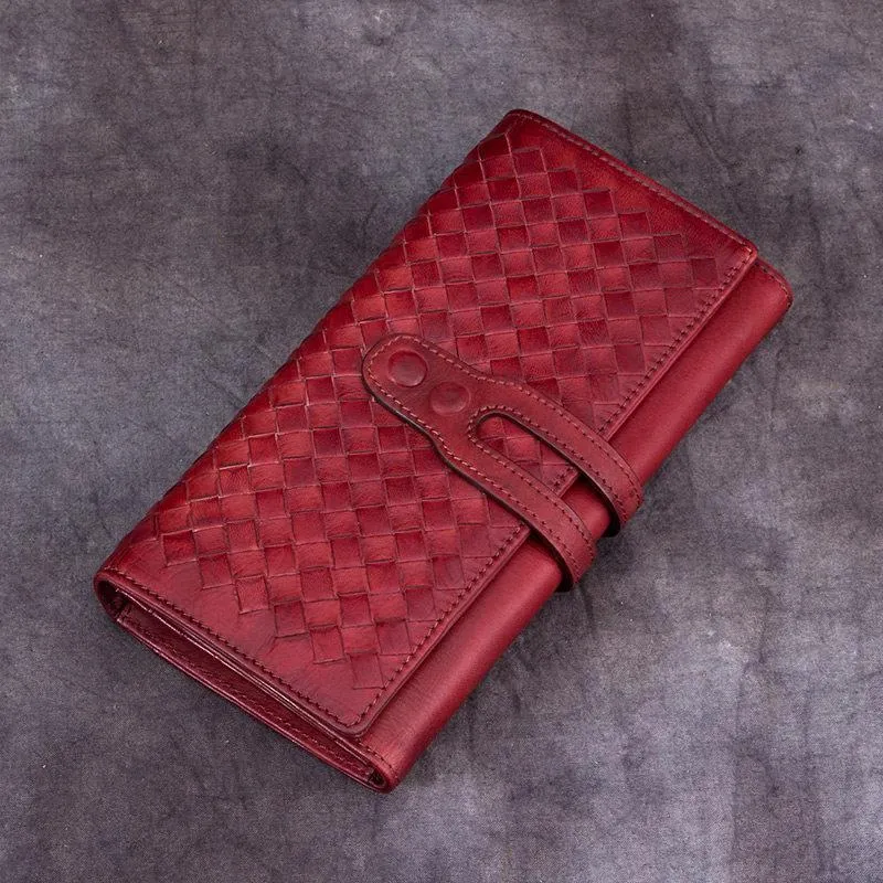 Purple Vintage Womens Braided Leather Trifold Long Wallet Phone Clutch Purse for Ladies