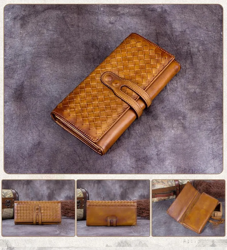 Purple Vintage Womens Braided Leather Trifold Long Wallet Phone Clutch Purse for Ladies
