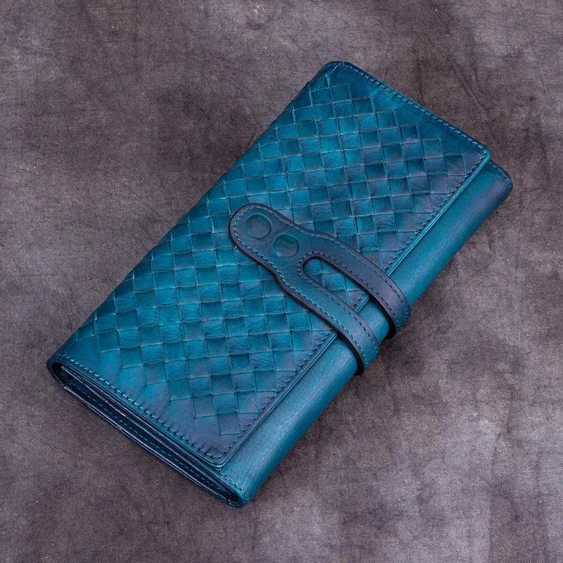 Purple Vintage Womens Braided Leather Trifold Long Wallet Phone Clutch Purse for Ladies