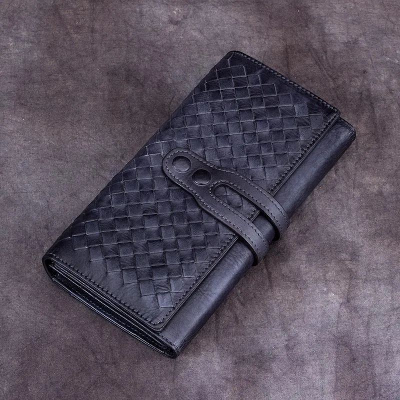Purple Vintage Womens Braided Leather Trifold Long Wallet Phone Clutch Purse for Ladies