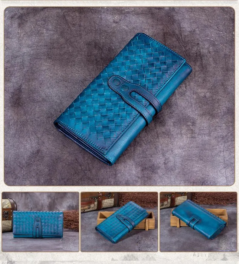 Purple Vintage Womens Braided Leather Trifold Long Wallet Phone Clutch Purse for Ladies