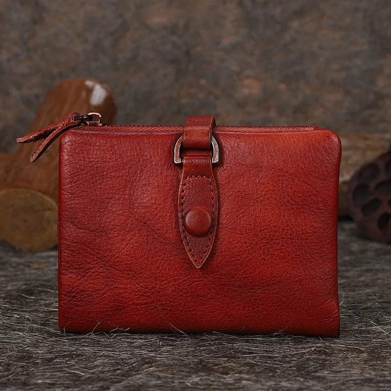 Red Small Leather Bifold Wallet Vintage Billfold Cute Women Buckle Wallet For Ladies