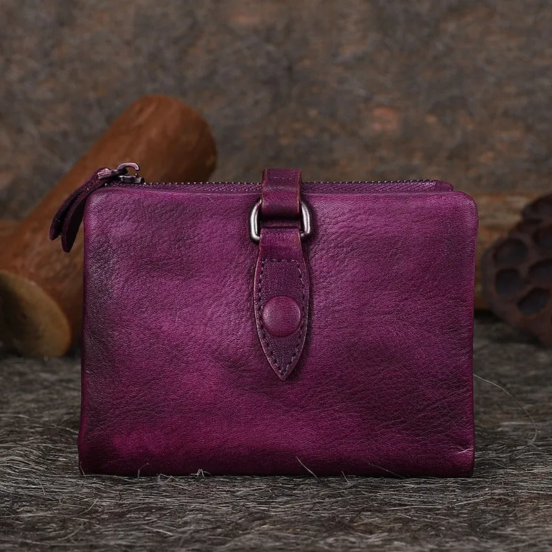 Red Small Leather Bifold Wallet Vintage Billfold Cute Women Buckle Wallet For Ladies