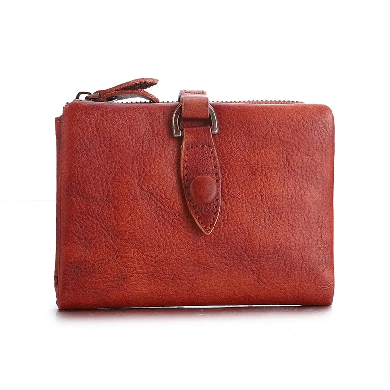 Red Small Leather Bifold Wallet Vintage Billfold Cute Women Buckle Wallet For Ladies