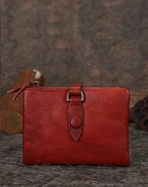 Red Small Leather Bifold Wallet Vintage Billfold Cute Women Buckle Wallet For Ladies