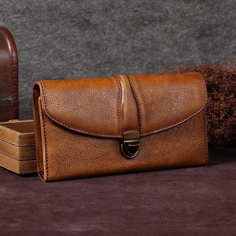 Red Womens Vintage Leather Bifold Wallet Long Wallet Phone Clutch Wallet Purse for Ladies