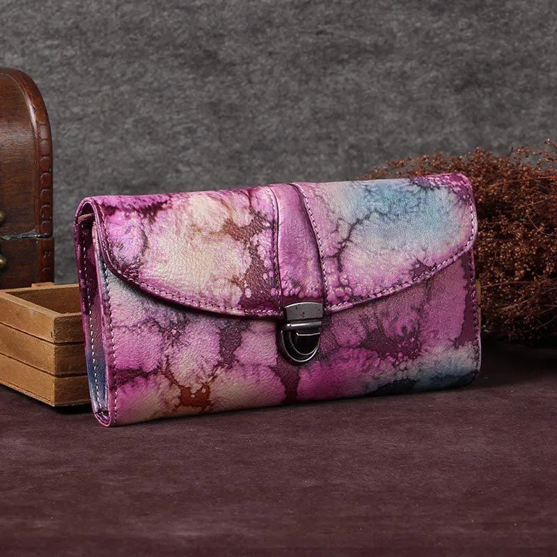 Red Womens Vintage Leather Bifold Wallet Long Wallet Phone Clutch Wallet Purse for Ladies