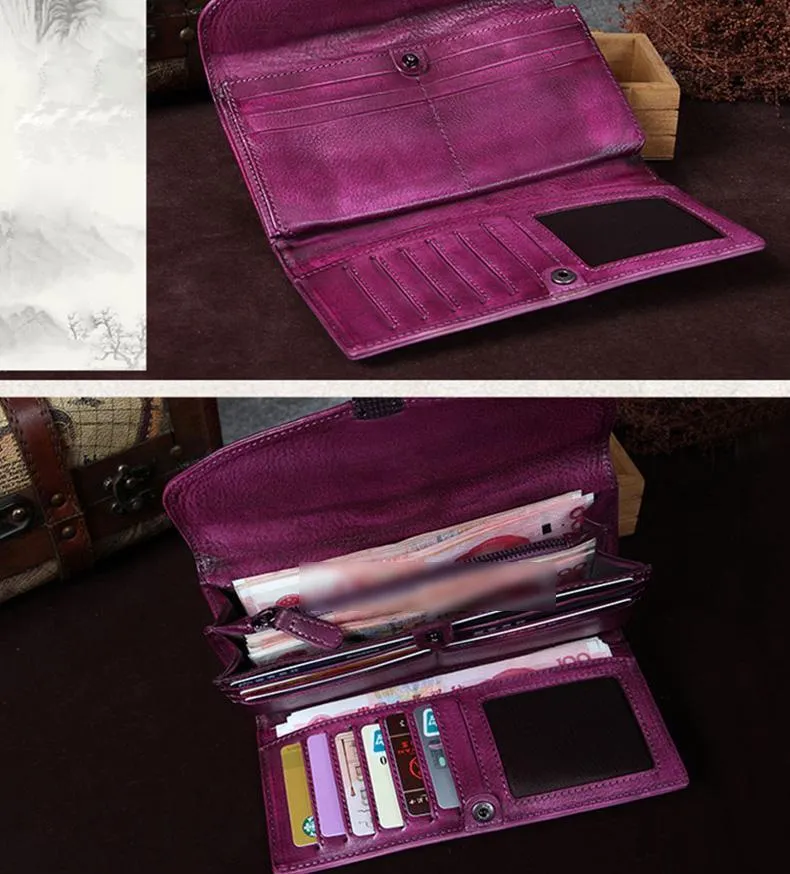 Red Womens Vintage Leather Bifold Wallet Long Wallet Phone Clutch Wallet Purse for Ladies
