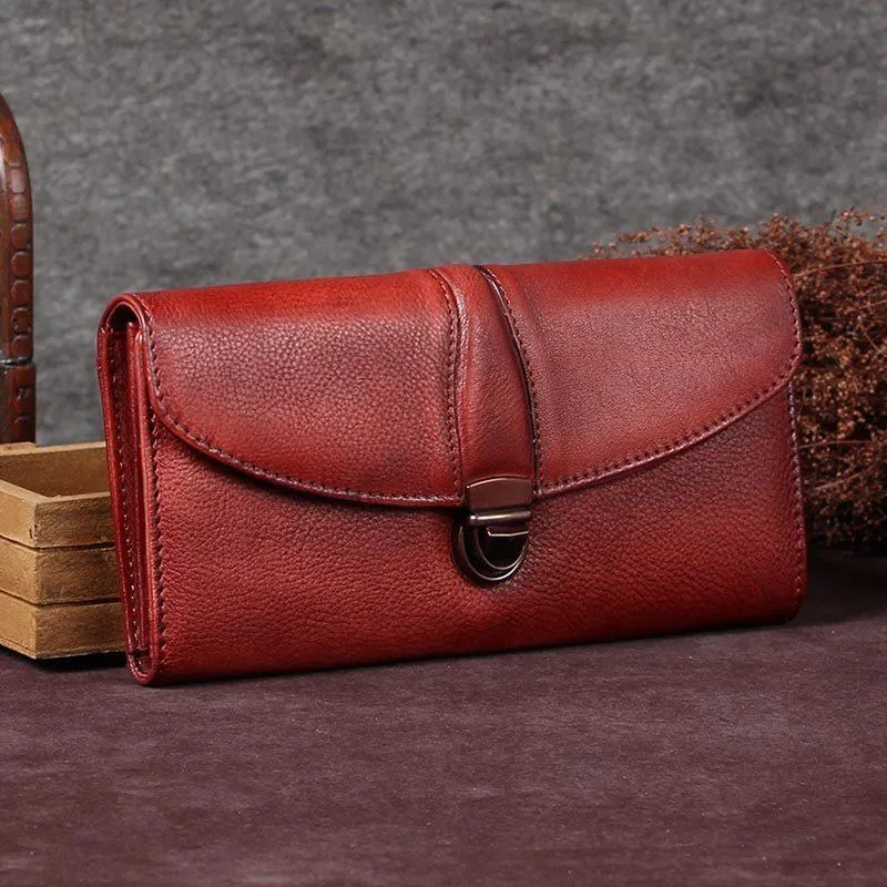 Red Womens Vintage Leather Bifold Wallet Long Wallet Phone Clutch Wallet Purse for Ladies
