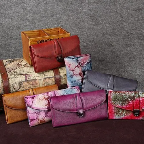 Red Womens Vintage Leather Bifold Wallet Long Wallet Phone Clutch Wallet Purse for Ladies