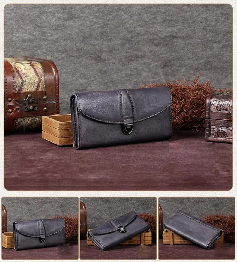 Red Womens Vintage Leather Bifold Wallet Long Wallet Phone Clutch Wallet Purse for Ladies
