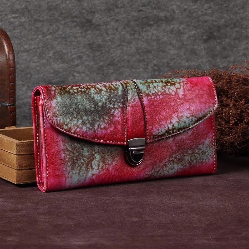 Red Womens Vintage Leather Bifold Wallet Long Wallet Phone Clutch Wallet Purse for Ladies