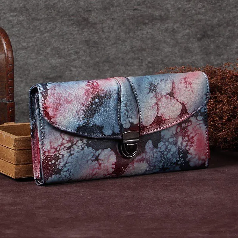Red Womens Vintage Leather Bifold Wallet Long Wallet Phone Clutch Wallet Purse for Ladies