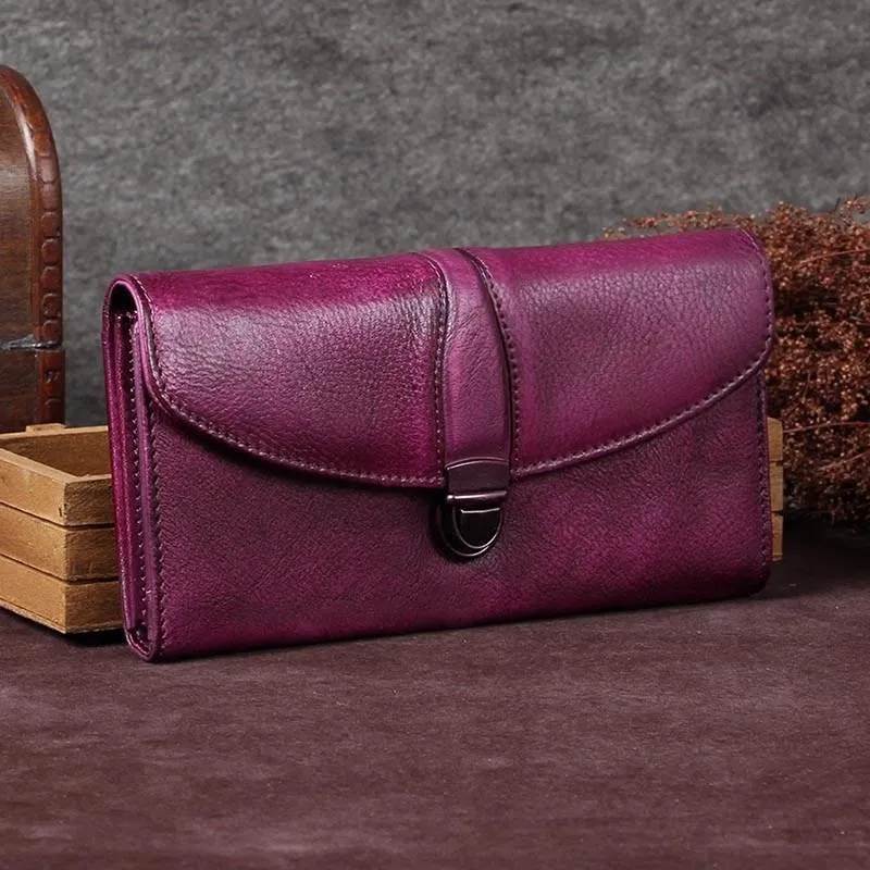 Red Womens Vintage Leather Bifold Wallet Long Wallet Phone Clutch Wallet Purse for Ladies