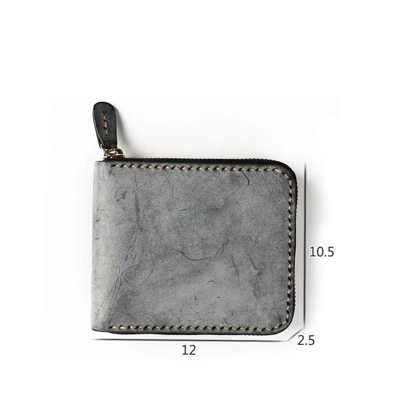 Retro Handmade Mens Zipper Black billfold Wallet Brown Bifold Card Wallet Small Wallet For Men