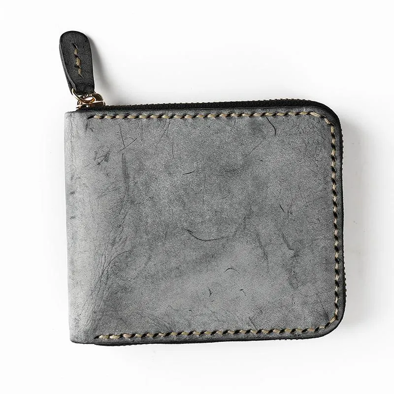 Retro Handmade Mens Zipper Black billfold Wallet Brown Bifold Card Wallet Small Wallet For Men