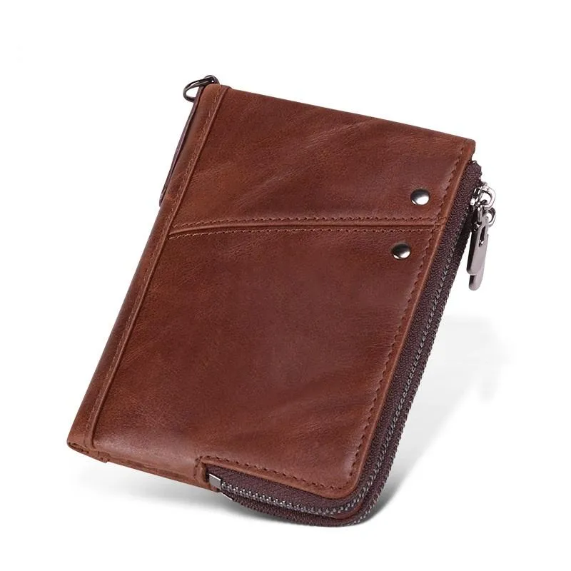 RFID Cool Brown Leather Men's Bifold Small Wallet Zipper billfold Wallet For Men