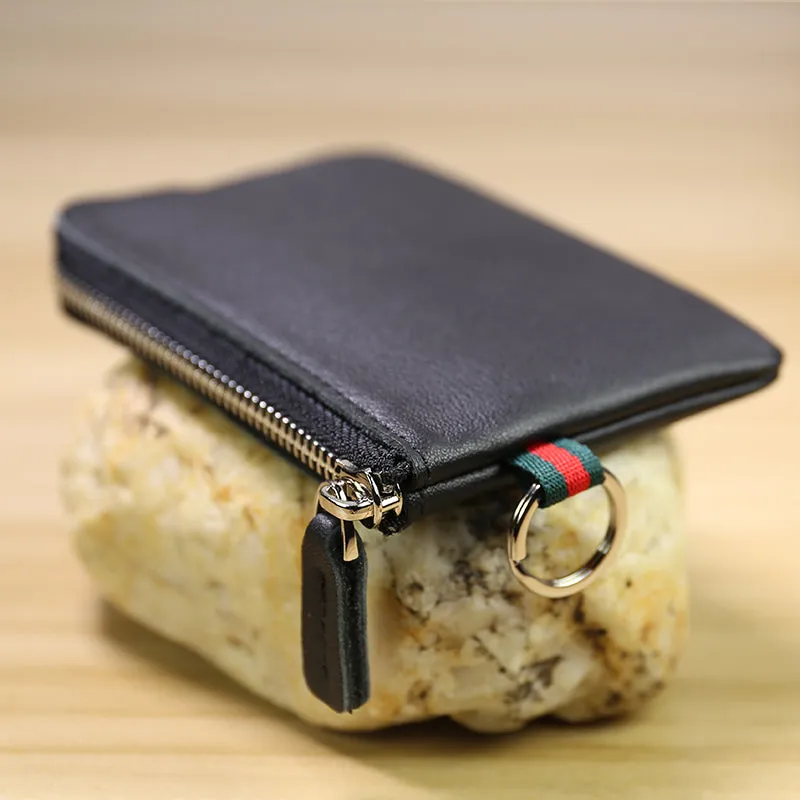 Slim Women Black Leather Mini Zip Wallet with Keychain Billfold Minimalist Coin Wallet Small Zip Change Wallet For Women