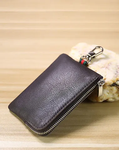 Slim Women Black Leather Zip Wallet with Keychains Minimalist Coin Wallet Small Zip Change Wallet For Women