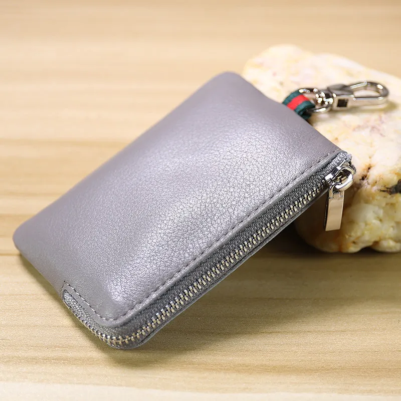 Slim Women Black Leather Zip Wallet with Keychains Minimalist Coin Wallet Small Zip Change Wallet For Women