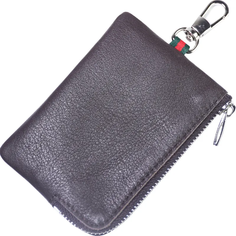 Slim Women Black Leather Zip Wallet with Keychains Minimalist Coin Wallet Small Zip Change Wallet For Women