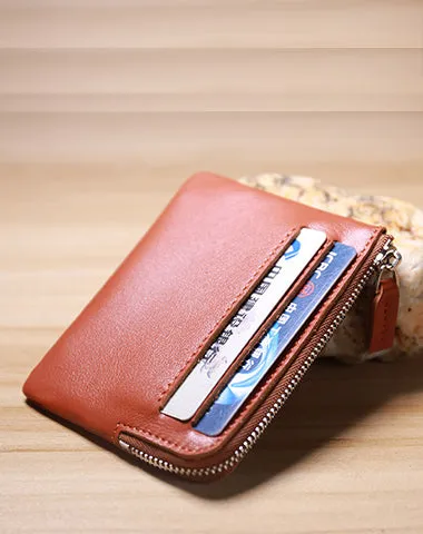 Slim Women Brown Leather Card Wallet Minimalist Zip Billfold Card Holder Wallet Coin Wallet For Women