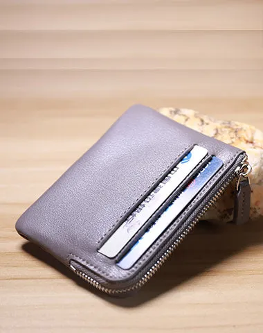Slim Women Brown Leather Card Wallet Minimalist Zip Billfold Card Holder Wallet Coin Wallet For Women
